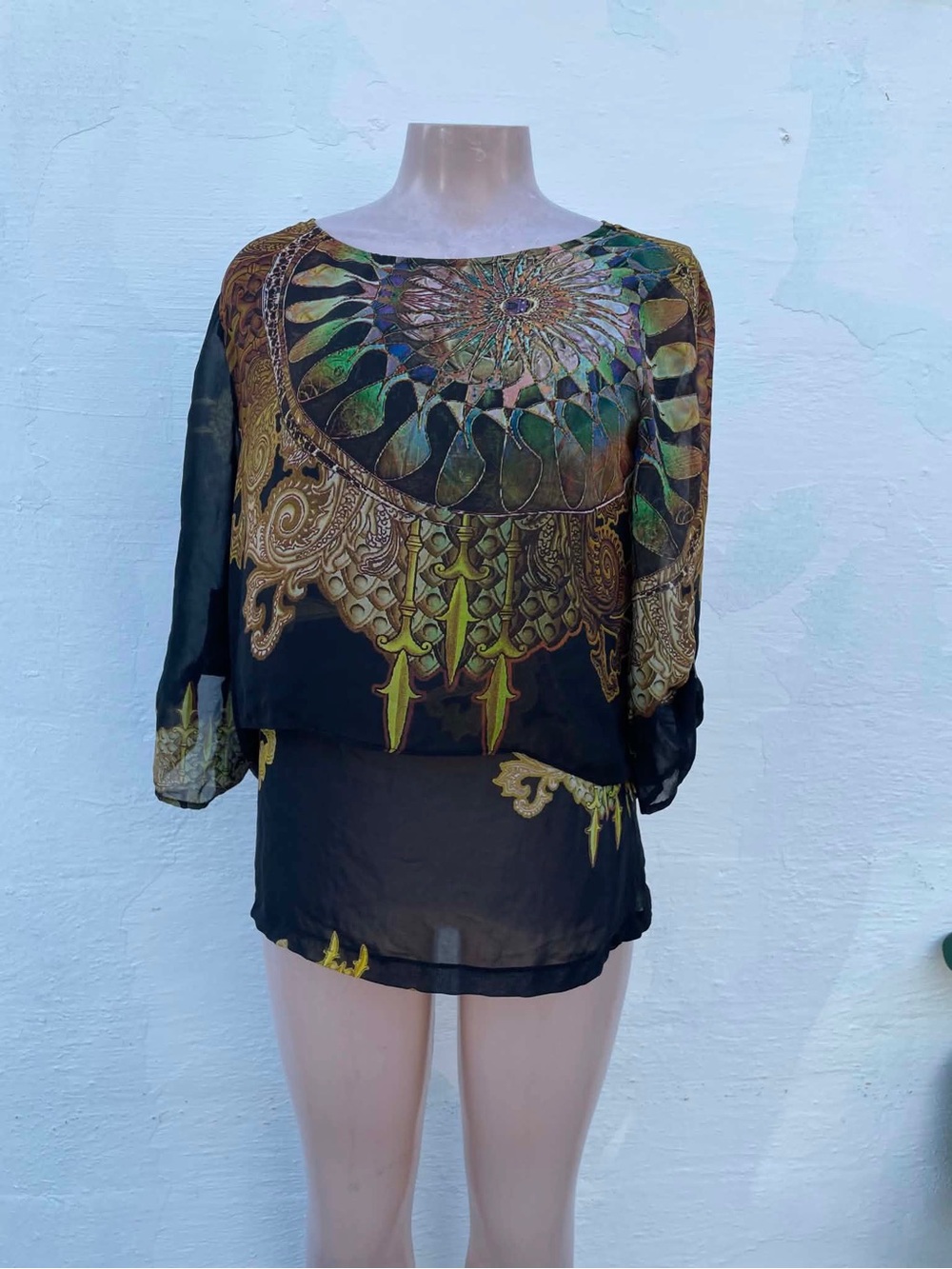 Alberto Makali Black Sheer Blouse with Green and Gold Mosaic Print
